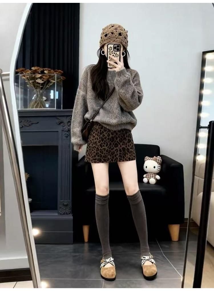 지금 출산 착용 가을 겨울 새로운 프린트 레오파드 무늬 복부 지지 미니 스커트 캐주얼 다용도 모직 높은 품질 반신 스커트 상세 이미지 10