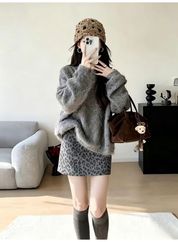 지금 출산 착용 가을 겨울 새로운 프린트 레오파드 무늬 복부 지지 미니 스커트 캐주얼 다용도 모직 높은 품질 반신 스커트 상세 이미지 13