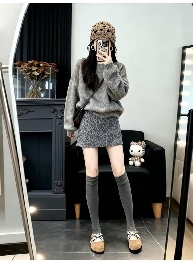 지금 출산 착용 가을 겨울 새로운 프린트 레오파드 무늬 복부 지지 미니 스커트 캐주얼 다용도 모직 높은 품질 반신 스커트 상세 이미지 14
