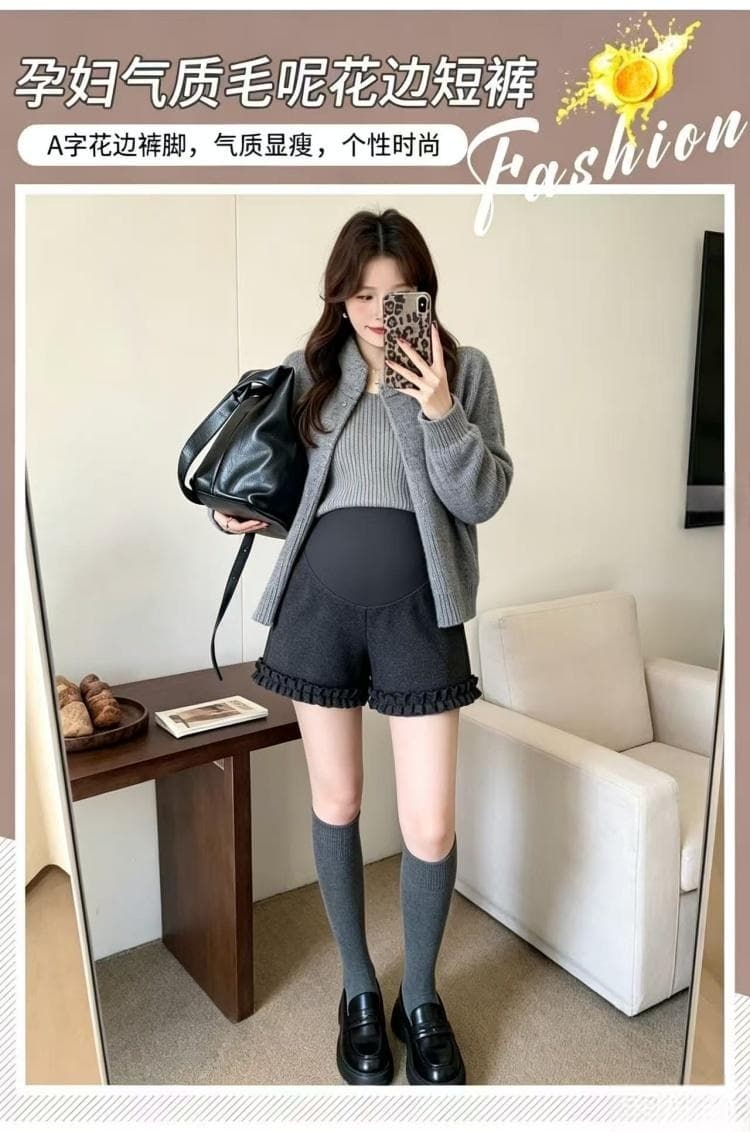 680 그램 두꺼운 출산 착용 가을 겨울 새로운 반바지 캐주얼 루즈핏 고급 프릴 복부 지지 반바지 상세 이미지 1