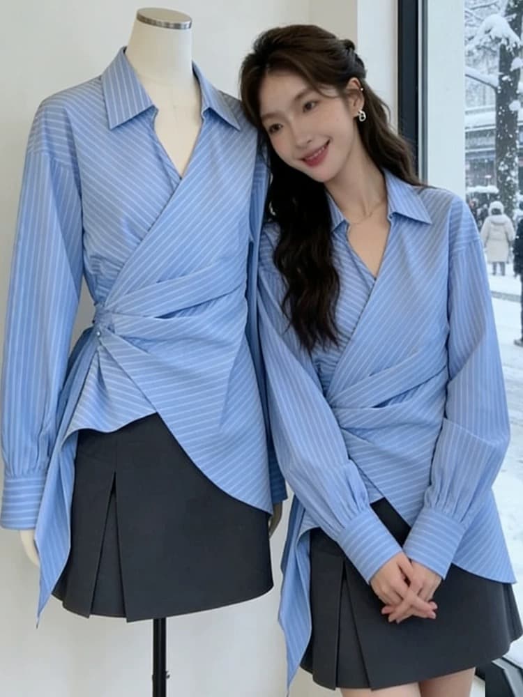 디자인 센스 측면 레이스업 허리 수축 슬림해 보이는 셔츠 여성 가을과 겨울 십자가 작은 폴로 칼라 셔츠 고유 한 잘 생긴 맨위 이미지 3