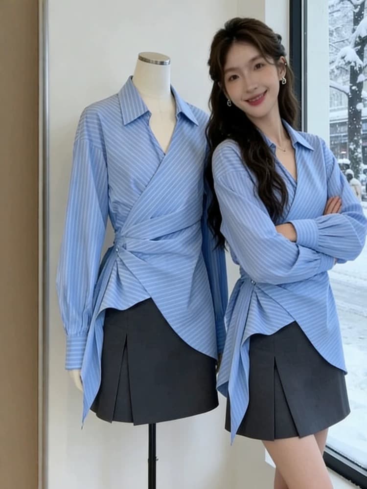 디자인 센스 측면 레이스업 허리 수축 슬림해 보이는 셔츠 여성 가을과 겨울 십자가 작은 폴로 칼라 셔츠 고유 한 잘 생긴 맨위 이미지 4