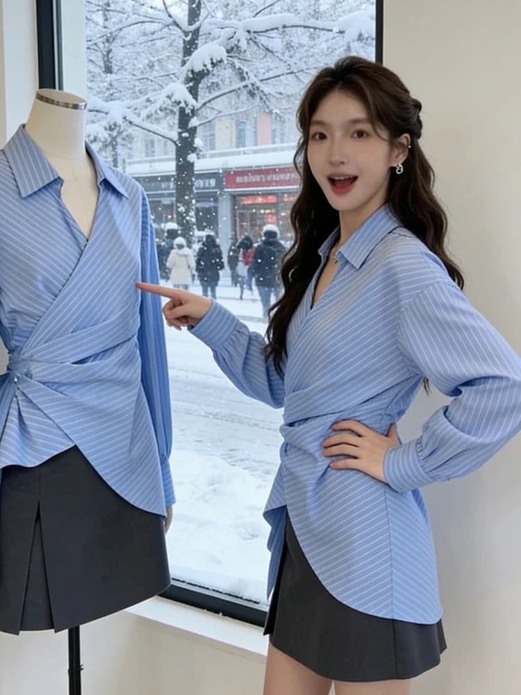 디자인 센스 측면 레이스업 허리 수축 슬림해 보이는 셔츠 여성 가을과 겨울 십자가 작은 폴로 칼라 셔츠 고유 한 잘 생긴 맨위 상세 이미지 4