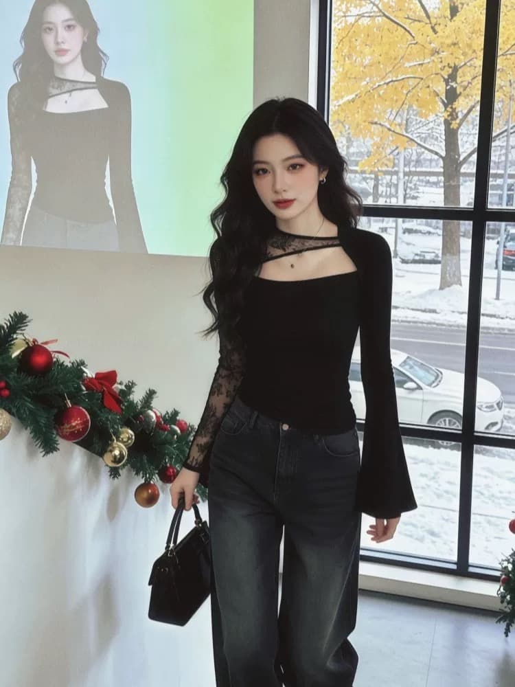 2026 봄 고급 센스 슈퍼 잘 생긴 부드러운 찹쌀 느긋한 바람 연령 감소 고유 한 느슨함 센스 검정색 레이스 니트 스웨터 여성 상세 이미지 5