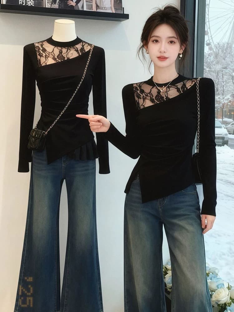 2026 봄 새로운 반하이넥 패션 패치워크 레이스 긴팔 티셔츠 여성 작은 대중 몸매 가꾸기 슬림해 보이는 인사이드 잡아라. 의류 상세 이미지 1