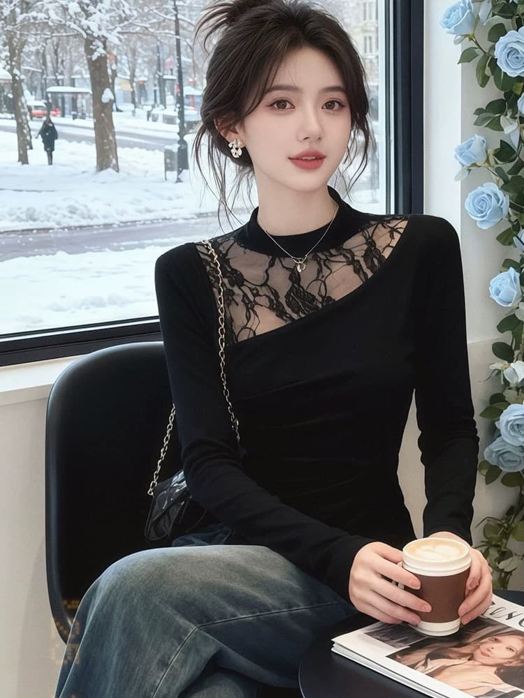2026 봄 새로운 반하이넥 패션 패치워크 레이스 긴팔 티셔츠 여성 작은 대중 몸매 가꾸기 슬림해 보이는 인사이드 잡아라. 의류 상세 이미지 2