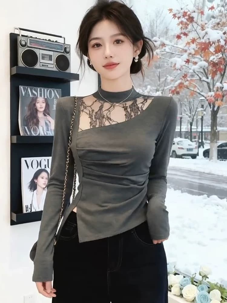 2026 봄 새로운 반하이넥 패션 패치워크 레이스 긴팔 티셔츠 여성 작은 대중 몸매 가꾸기 슬림해 보이는 인사이드 잡아라. 의류 상세 이미지 3