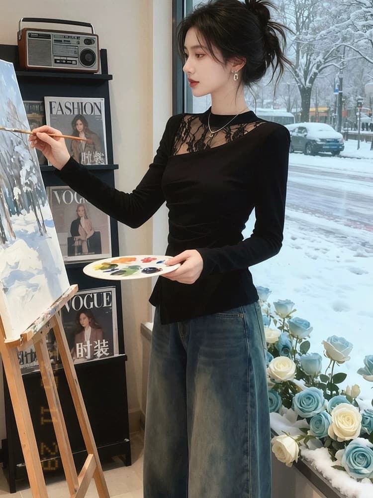 2026 봄 새로운 반하이넥 패션 패치워크 레이스 긴팔 티셔츠 여성 작은 대중 몸매 가꾸기 슬림해 보이는 인사이드 잡아라. 의류 상세 이미지 4