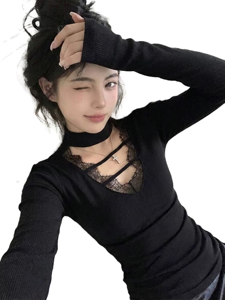 검정색 레이스 기본 셔츠 여성 겨울 인사이드 가져 가라. 행침 목 니트 스웨터 순수한 욕망 핫걸 바람 맨위 상세 이미지 5