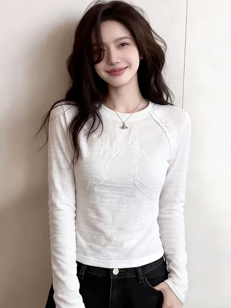 한 부서 화이트 긴팔 티셔츠 여성 봄 몸매 가꾸기 인사이드 가져 가라. 나비 매듭 디자인 센스 쇼트 스타일 맨위 새로운 상세 이미지 5