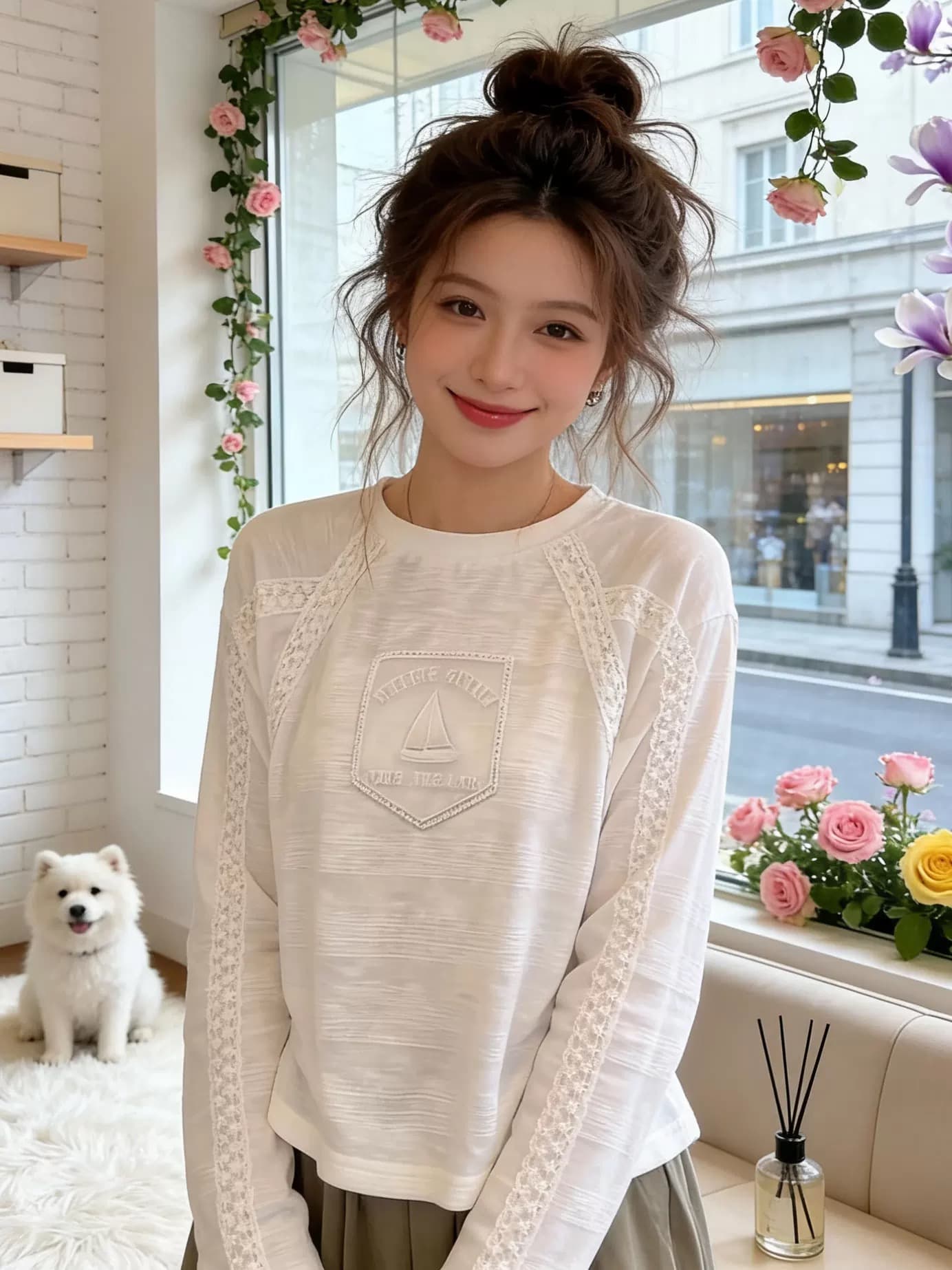 한 부서 느슨함 센스 라운드 넥 긴팔 티셔츠 여성 조기 봄 디자인 센스 패치워크 레이스 레이스 화이트 캐주얼 맨위