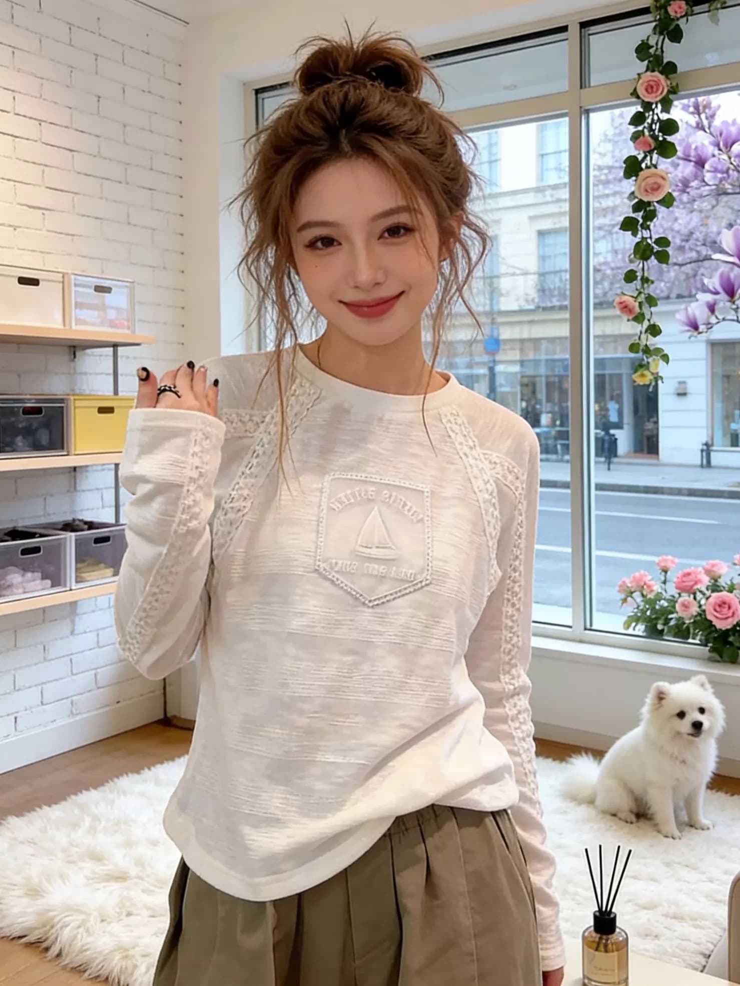 한 부서 느슨함 센스 라운드 넥 긴팔 티셔츠 여성 조기 봄 디자인 센스 패치워크 레이스 레이스 화이트 캐주얼 맨위 상세 이미지 3