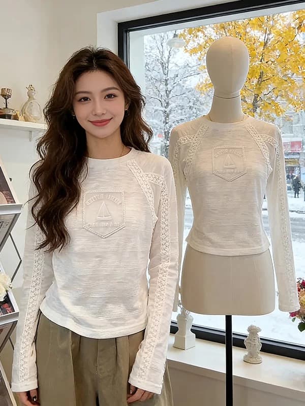 한 부서 느슨함 센스 라운드 넥 긴팔 티셔츠 여성 조기 봄 디자인 센스 패치워크 레이스 레이스 화이트 캐주얼 맨위 상세 이미지 5