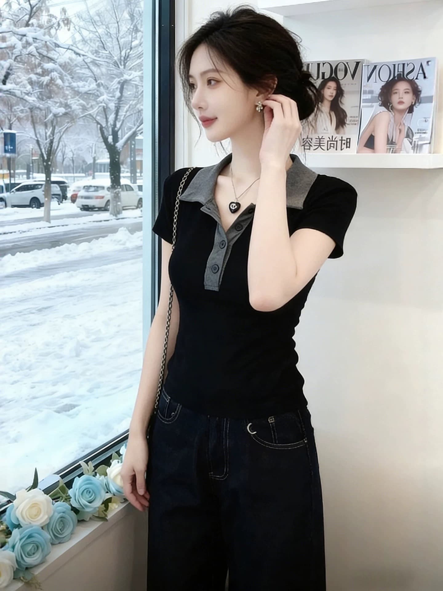 블랙 회색 폴로 칼라 몸매 가꾸기 슬림해 보이는 만나는 니트 반팔 티셔츠 여성 2026 봄 자이언트 잘 생긴 고급 센스 맨위 상세 이미지 1