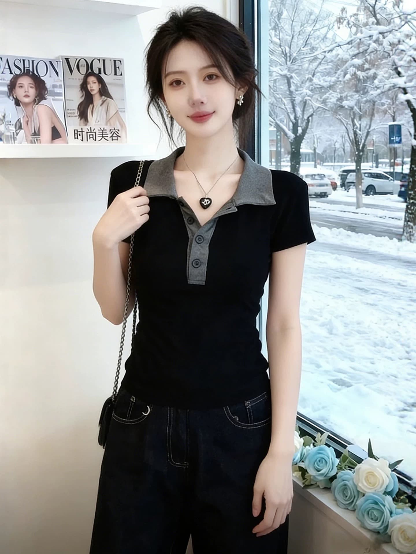 블랙 회색 폴로 칼라 몸매 가꾸기 슬림해 보이는 만나는 니트 반팔 티셔츠 여성 2026 봄 자이언트 잘 생긴 고급 센스 맨위 상세 이미지 2