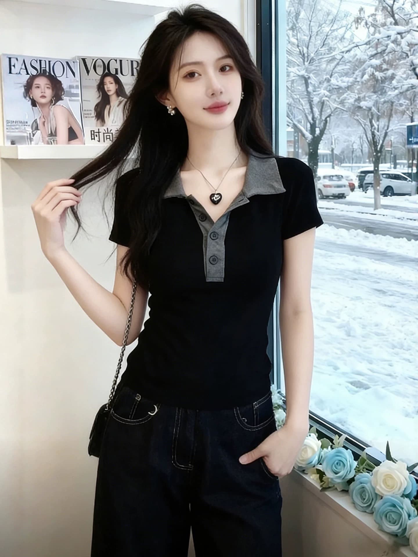 블랙 회색 폴로 칼라 몸매 가꾸기 슬림해 보이는 만나는 니트 반팔 티셔츠 여성 2026 봄 자이언트 잘 생긴 고급 센스 맨위 상세 이미지 3