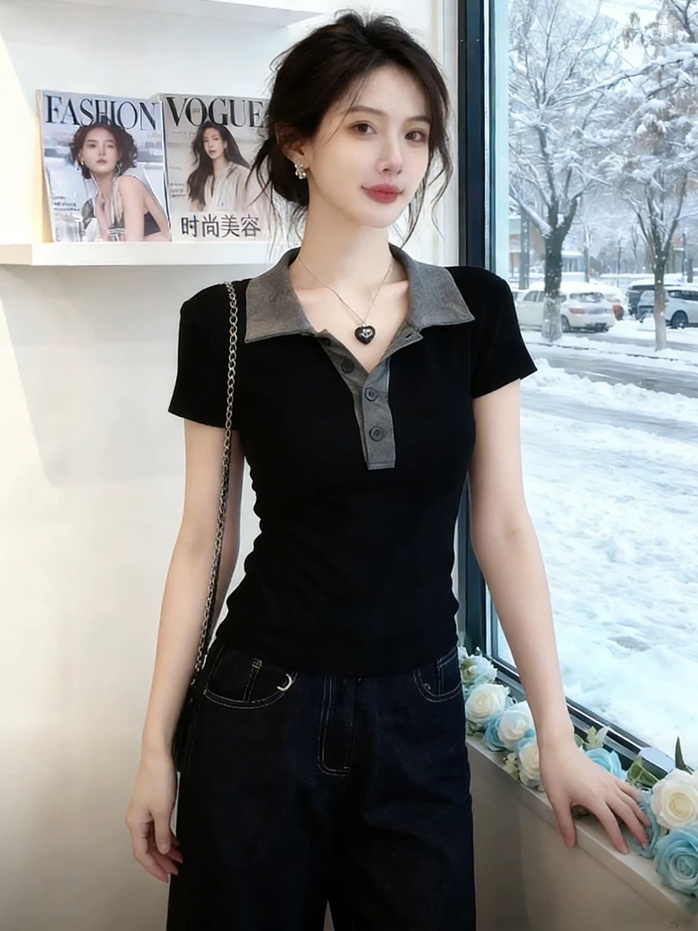 블랙 회색 폴로 칼라 몸매 가꾸기 슬림해 보이는 만나는 니트 반팔 티셔츠 여성 2026 봄 자이언트 잘 생긴 고급 센스 맨위 상세 이미지 4