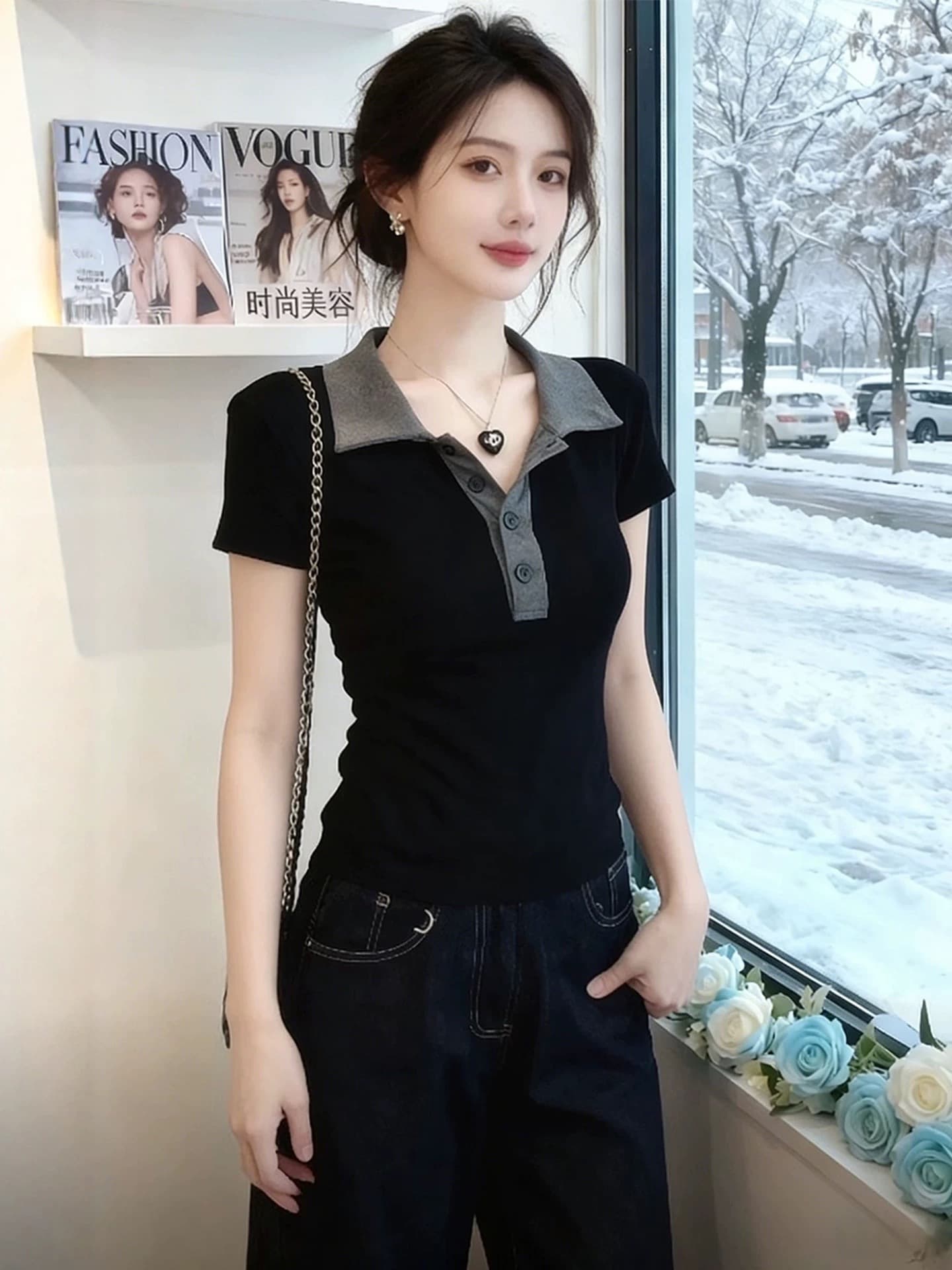 블랙 회색 폴로 칼라 몸매 가꾸기 슬림해 보이는 만나는 니트 반팔 티셔츠 여성 2026 봄 자이언트 잘 생긴 고급 센스 맨위 상세 이미지 5