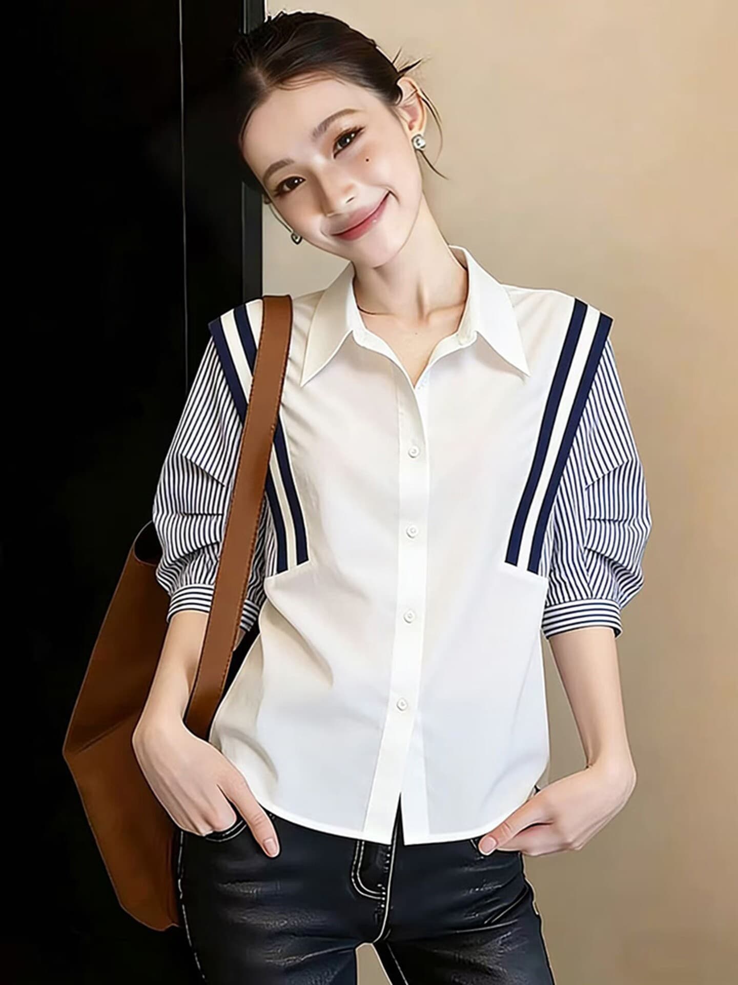 프랑스식 배색 반팔 스트라이프 여성 셔츠 여름 패션 품격 패치워크 셔츠 맨위