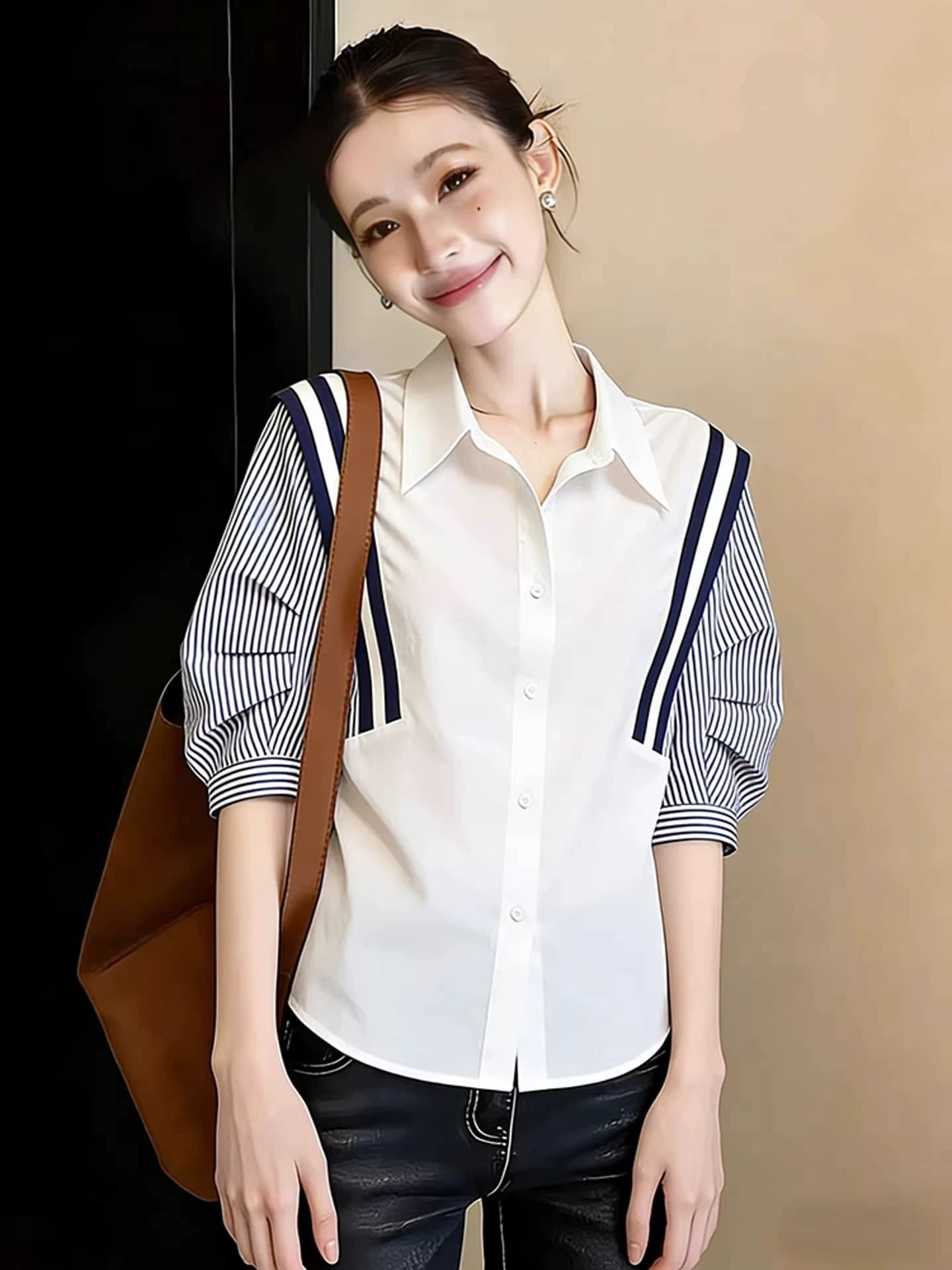 프랑스식 배색 반팔 스트라이프 여성 셔츠 여름 패션 품격 패치워크 셔츠 맨위 이미지 2