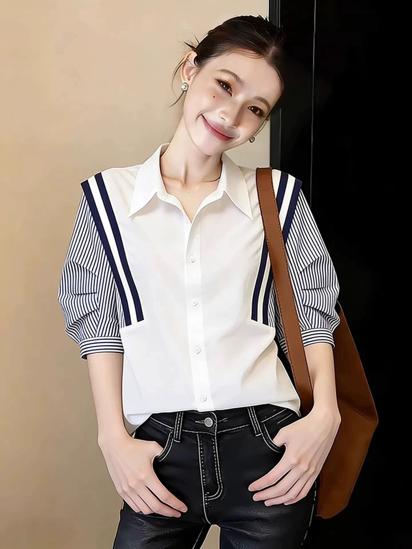 프랑스식 배색 반팔 스트라이프 여성 셔츠 여름 패션 품격 패치워크 셔츠 맨위 상세 이미지 4