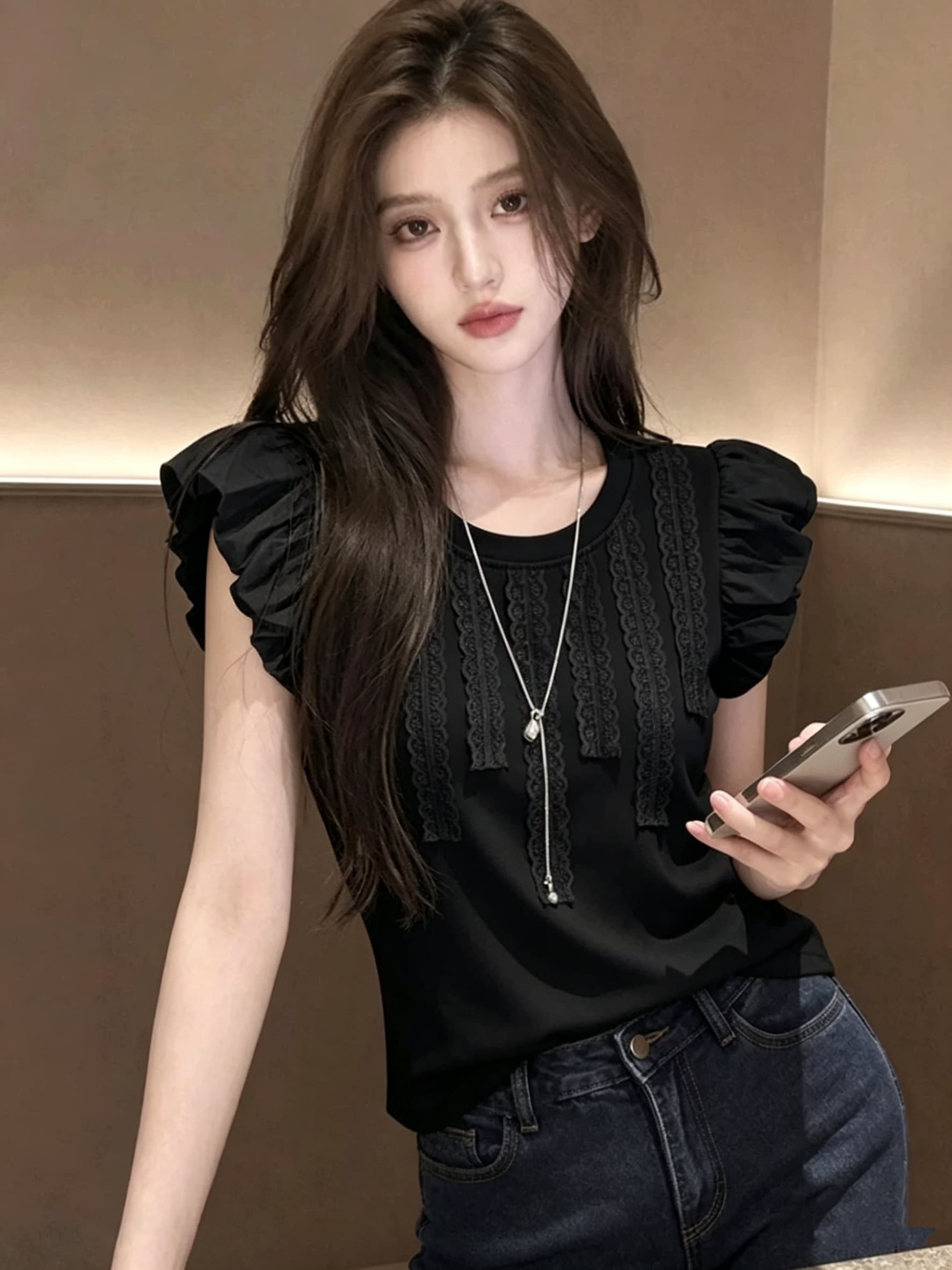 2026 새로운 한 부서 여름 프랑스식 부드러운 바람 거품 소매 화이트 맨위 여성 프릴 레이스업 캐주얼 티셔츠 이미지 2