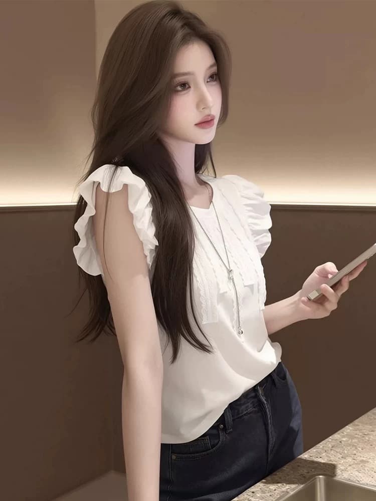 2026 새로운 한 부서 여름 프랑스식 부드러운 바람 거품 소매 화이트 맨위 여성 프릴 레이스업 캐주얼 티셔츠 상세 이미지 2