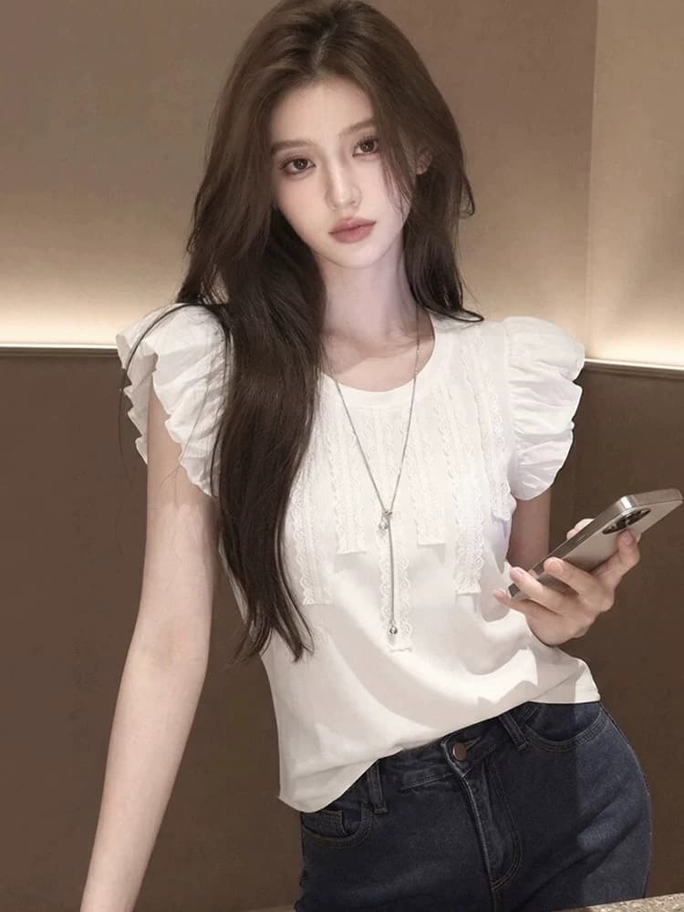 2026 새로운 한 부서 여름 프랑스식 부드러운 바람 거품 소매 화이트 맨위 여성 프릴 레이스업 캐주얼 티셔츠 상세 이미지 3