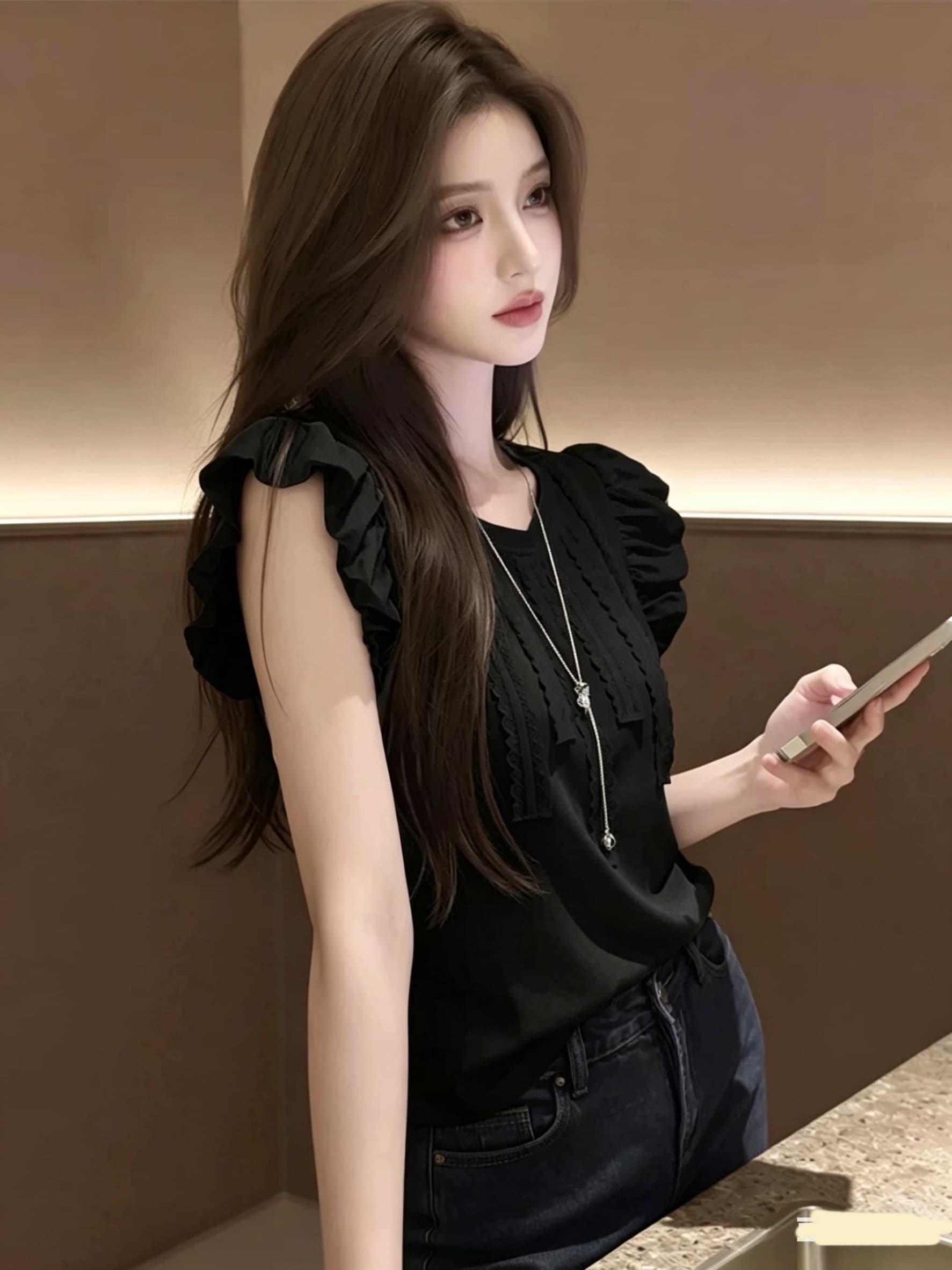 2026 새로운 한 부서 여름 프랑스식 부드러운 바람 거품 소매 화이트 맨위 여성 프릴 레이스업 캐주얼 티셔츠 상세 이미지 4
