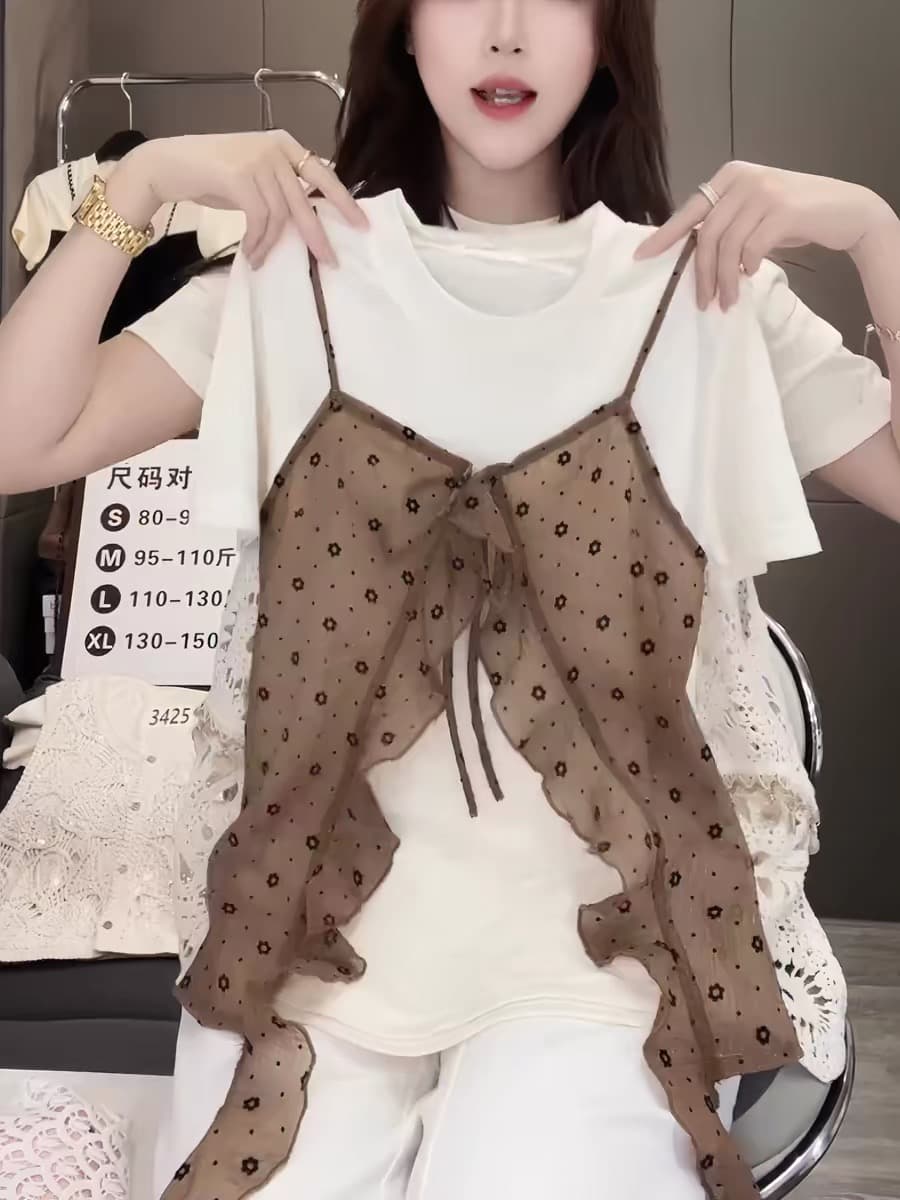 프랑스식 레트로 도트 무늬 프릴 슬립 페이크 레이어드 티셔츠 여성 여름 섹션 디자인 센스 작은 대중 슬림해 보이는 반팔 맨위 상세 이미지 1