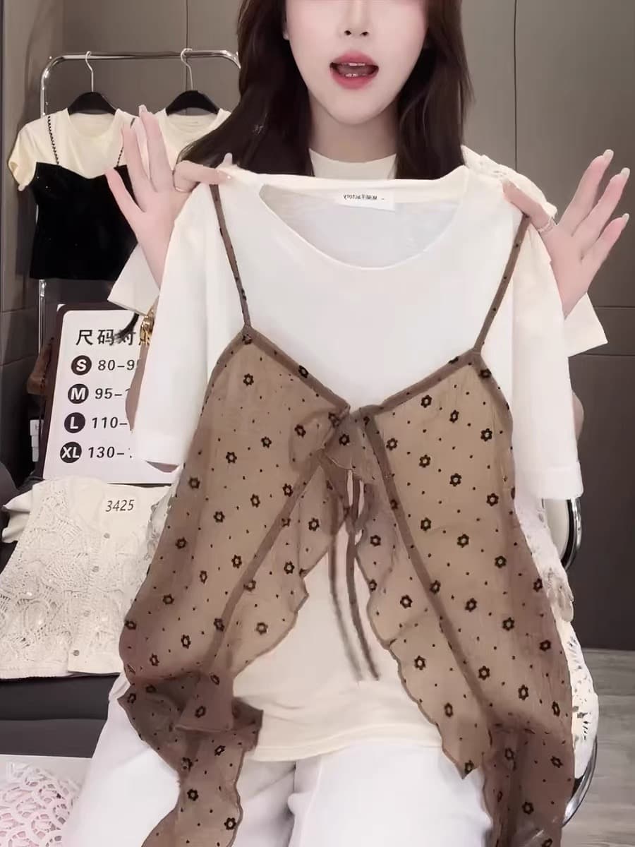 프랑스식 레트로 도트 무늬 프릴 슬립 페이크 레이어드 티셔츠 여성 여름 섹션 디자인 센스 작은 대중 슬림해 보이는 반팔 맨위 상세 이미지 4