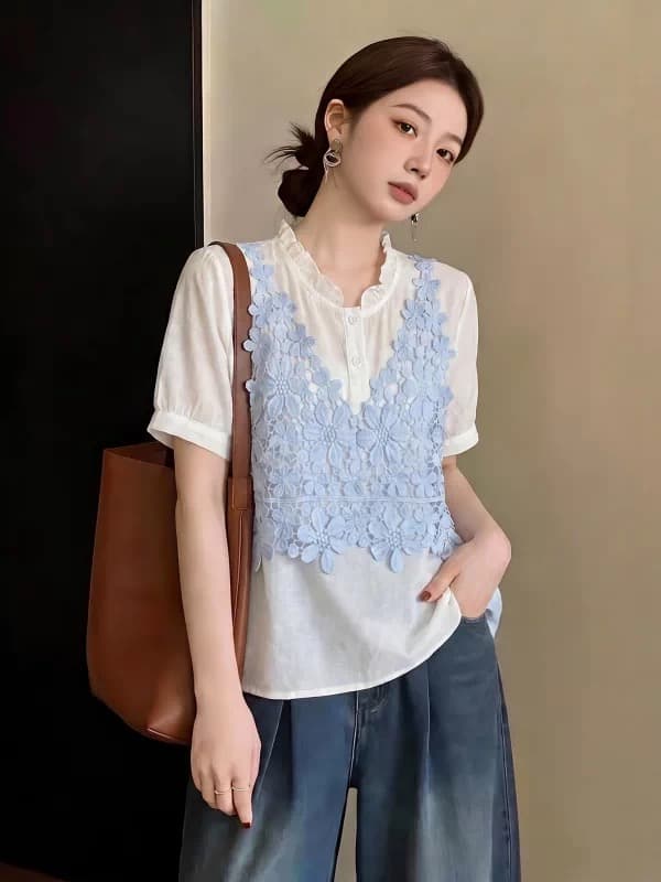 디자인 센스 자수 홀로우 아웃 베스트 긍정적 인 어깨 여성 셔츠 2026 여름 새로운 지방 mm 연령 감소 작은 셔츠 페이크 레이어드 맨위 이미지 3