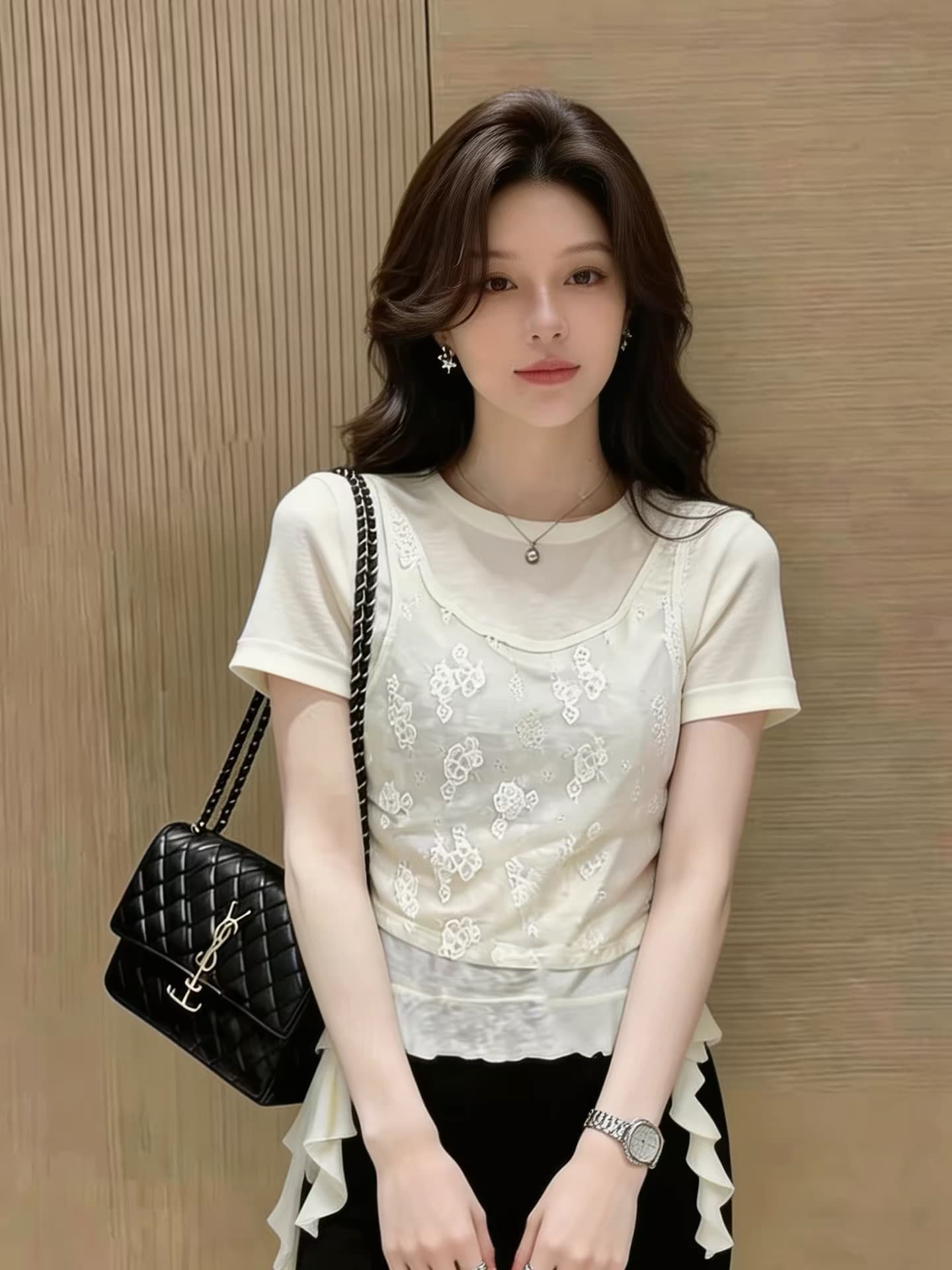 고급 유럽 상품 봄 여름 새로운 불규칙 프릴 반팔 티셔츠 레이스 조끼 스택 착용 투피스 세트 맨위 여성 상세 이미지 2
