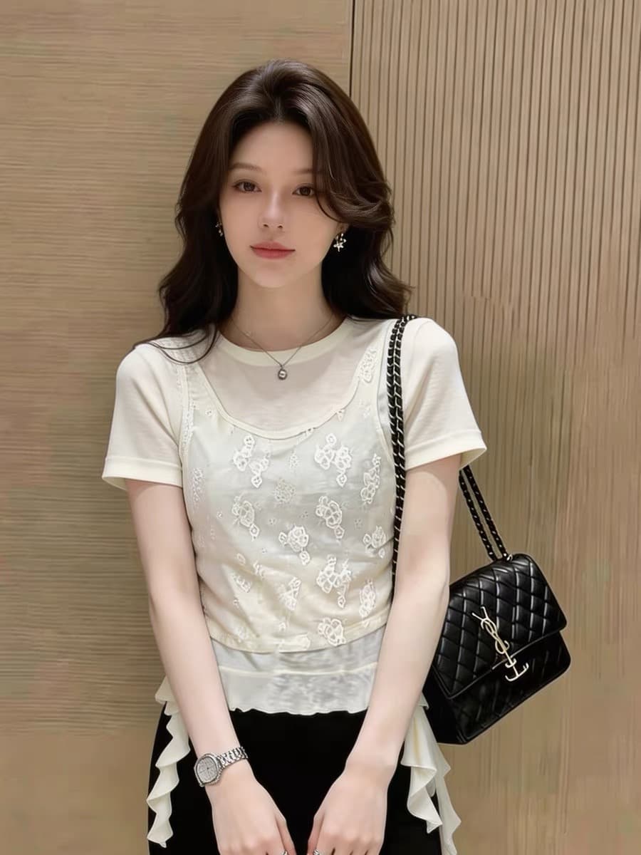 고급 유럽 상품 봄 여름 새로운 불규칙 프릴 반팔 티셔츠 레이스 조끼 스택 착용 투피스 세트 맨위 여성 상세 이미지 4