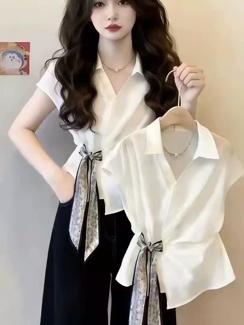 프랑스식 화이트 폴로 칼라 반팔 여성 셔츠 여름 디자인 센스 스카프 레이스업 품격 Chic 고유 한 아름다운 맨위