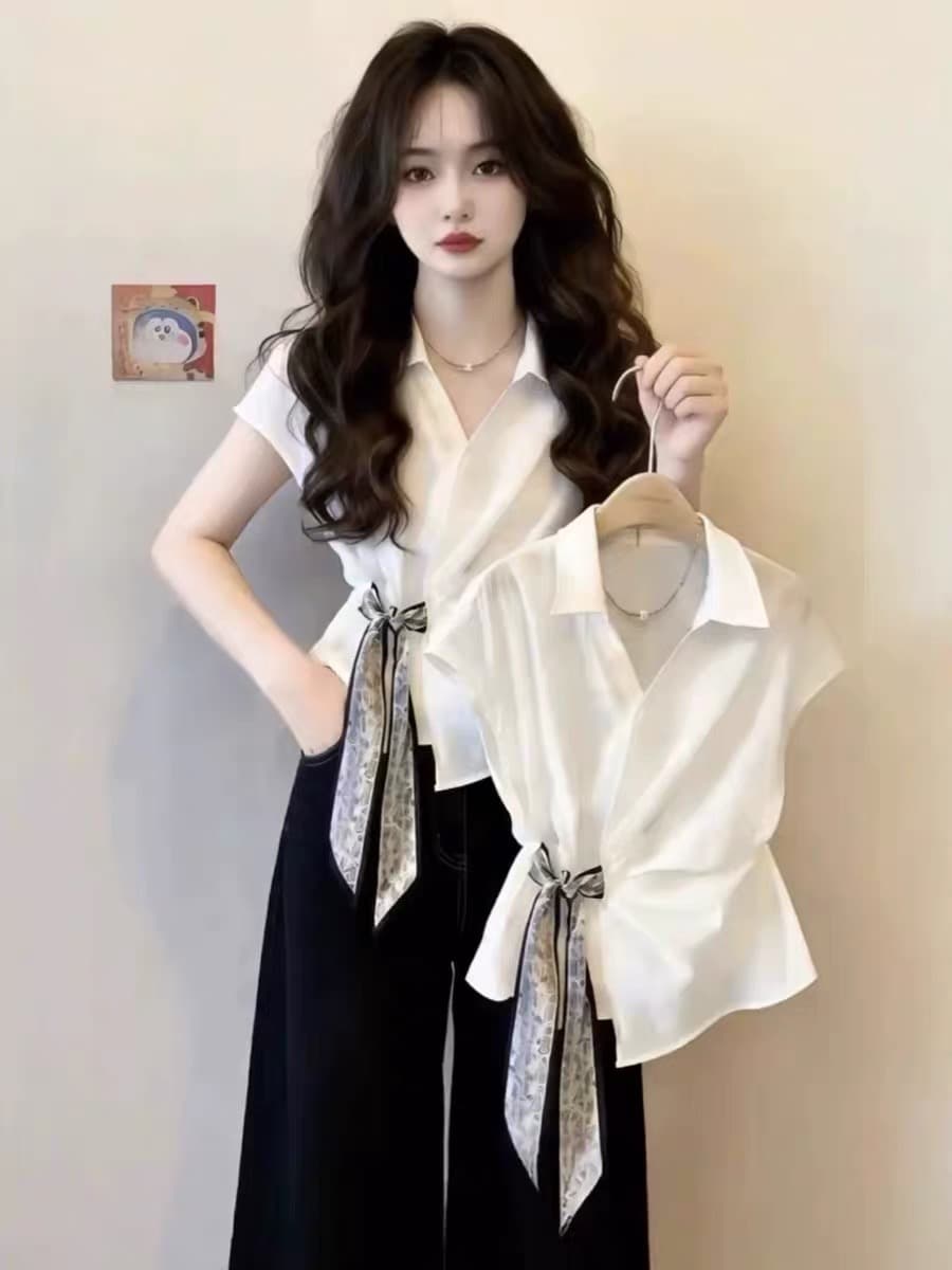 프랑스식 화이트 폴로 칼라 반팔 여성 셔츠 여름 디자인 센스 스카프 레이스업 품격 Chic 고유 한 아름다운 맨위 상세 이미지 3