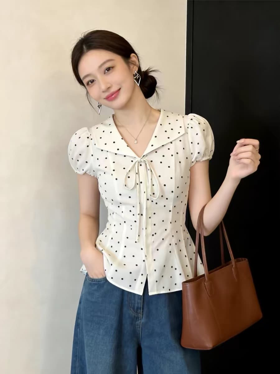 프랑스식 달콤함 도트 무늬 해군 칼라 거품 소매 반팔 여성 셔츠 여름 허리 수축 슬림해 보이는 디자인 센스 맨위 상세 이미지 2