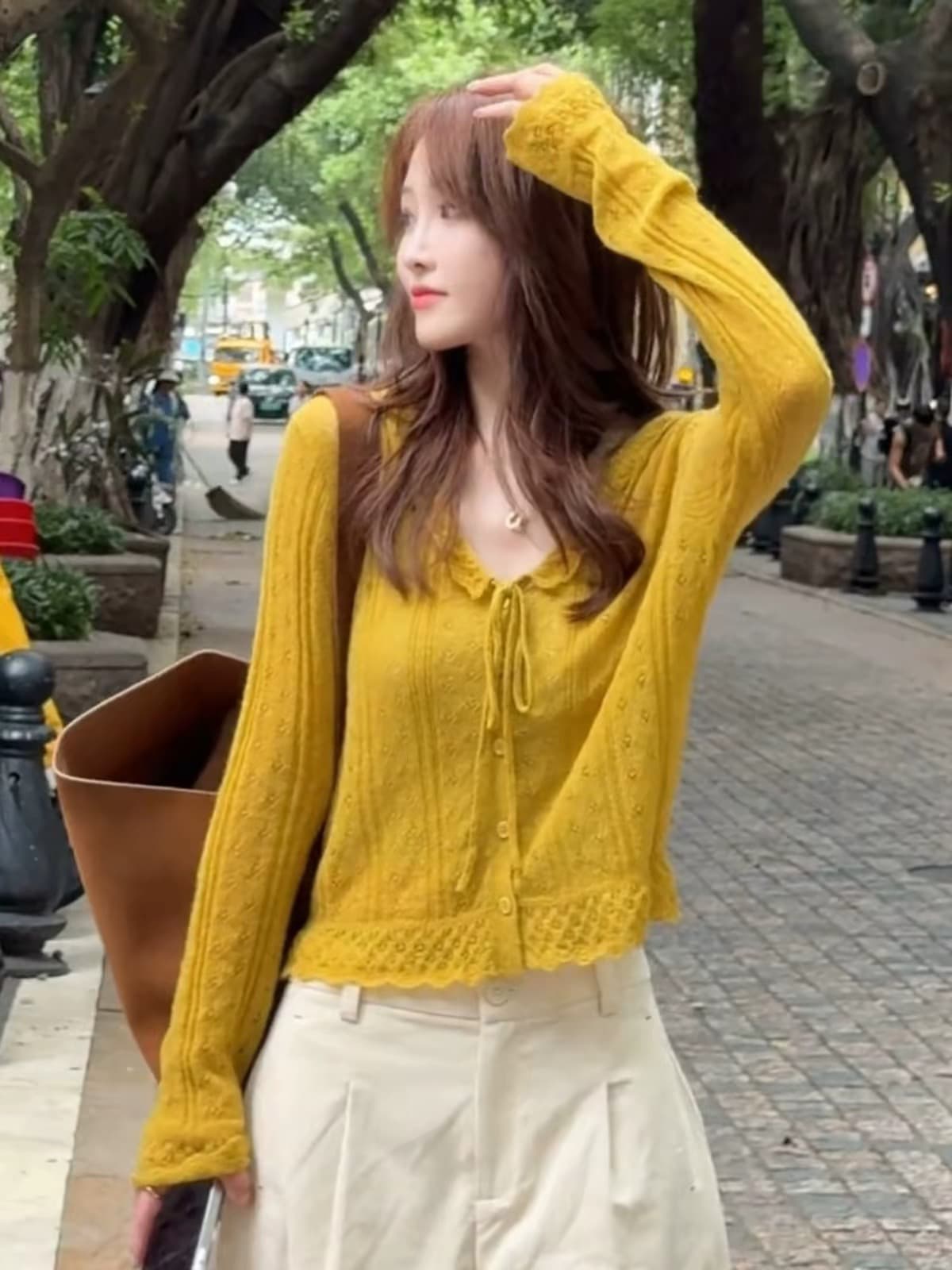 고급 센스 chic Chic 황색 니트 오픈 가디건 여성 26 년 한 부서 레이스 레이스업 품격 다용도 국풍 맨위 상세 이미지 1