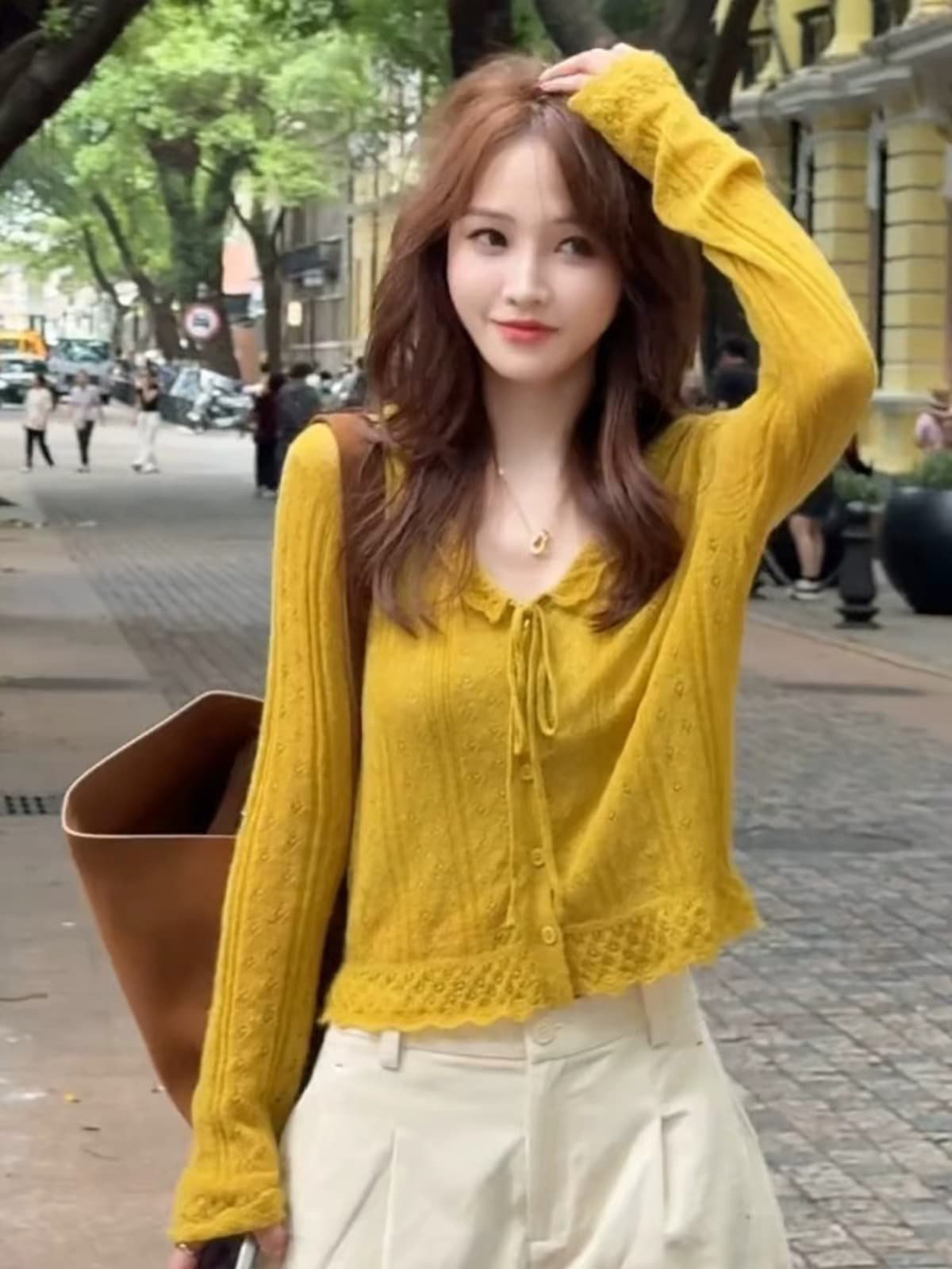 고급 센스 chic Chic 황색 니트 오픈 가디건 여성 26 년 한 부서 레이스 레이스업 품격 다용도 국풍 맨위 상세 이미지 2
