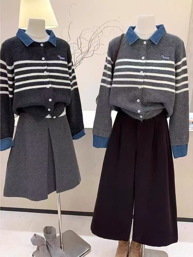 한 부서 폴로 칼라 데님 패치워크 스트라이프 니트 오픈 가디건 여성 디자인 센스 루즈핏 학원 스타일 페이크 레이어드 스웨터 코트 상세 이미지 3
