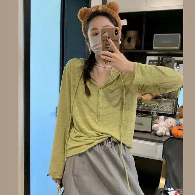 한 부서 버터 과일 녹색 후드 긴팔 니트 스웨터 여성 루즈핏 후드티 맨위 조기 가을 분위기 센스 이미지 3