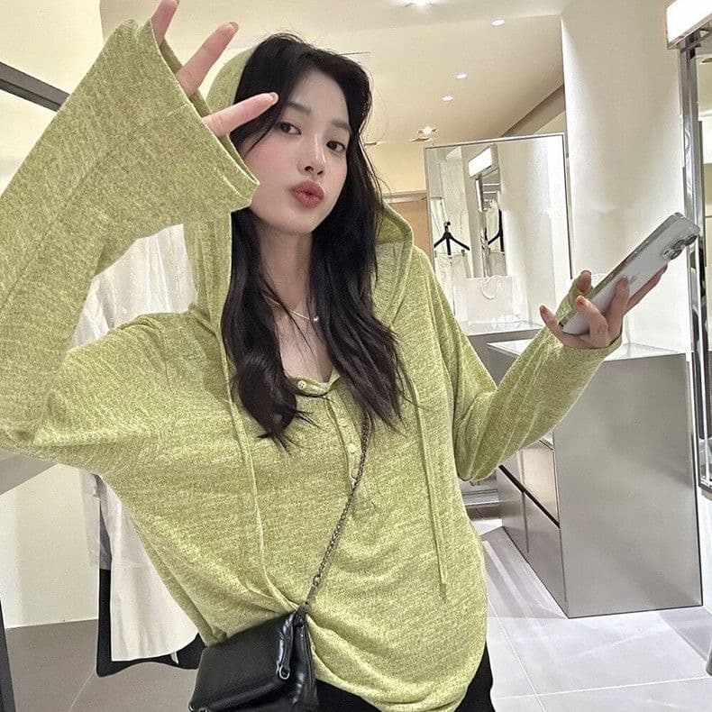한 부서 버터 과일 녹색 후드 긴팔 니트 스웨터 여성 루즈핏 후드티 맨위 조기 가을 분위기 센스 상세 이미지 1