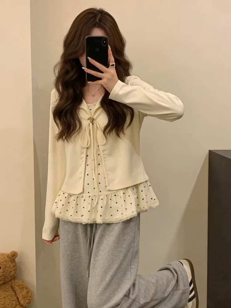 마이크로 지방 봄 가을 빅 사이즈 한 부서 연령 감소 디자인 센스 레이스 측면 패치워크 페이크 레이어드 슬림해 보이는 니트 스웨터 상세 이미지 1