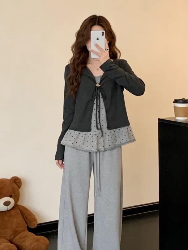 마이크로 지방 봄 가을 빅 사이즈 한 부서 연령 감소 디자인 센스 레이스 측면 패치워크 페이크 레이어드 슬림해 보이는 니트 스웨터 상세 이미지 4