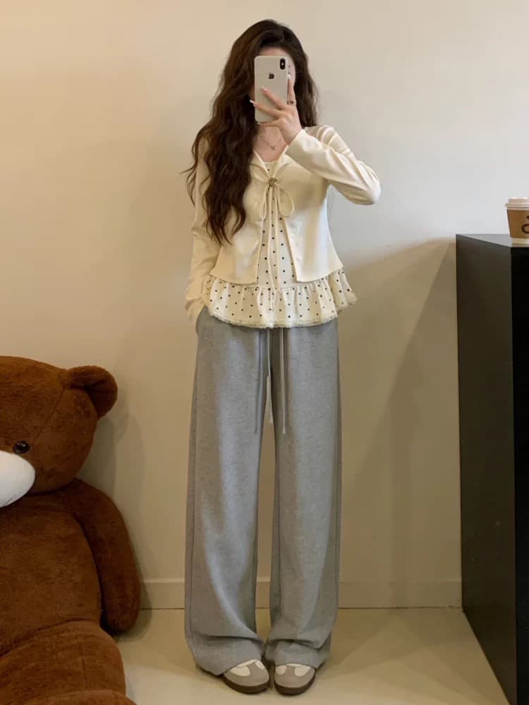 마이크로 지방 봄 가을 빅 사이즈 한 부서 연령 감소 디자인 센스 레이스 측면 패치워크 페이크 레이어드 슬림해 보이는 니트 스웨터 상세 이미지 5