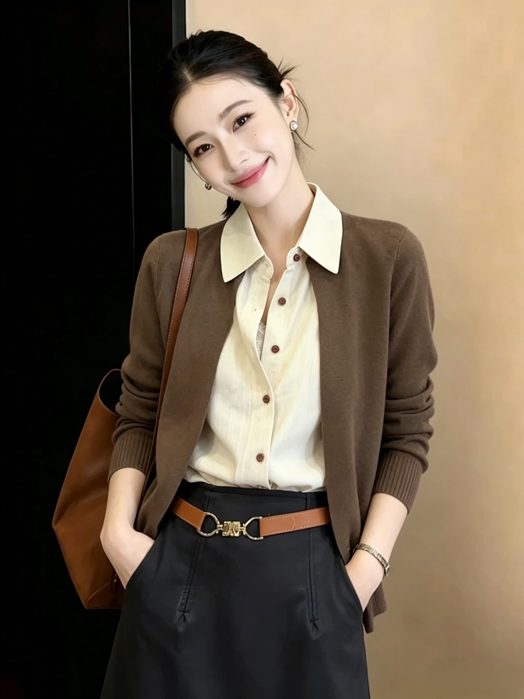 유럽 상품 오래된 돈 바람 2026 이른 가을 출퇴근 패치워크 셔츠 니트 스웨터 여성 레저 다용도 품격 페이크 레이어드 맨위 이미지 2