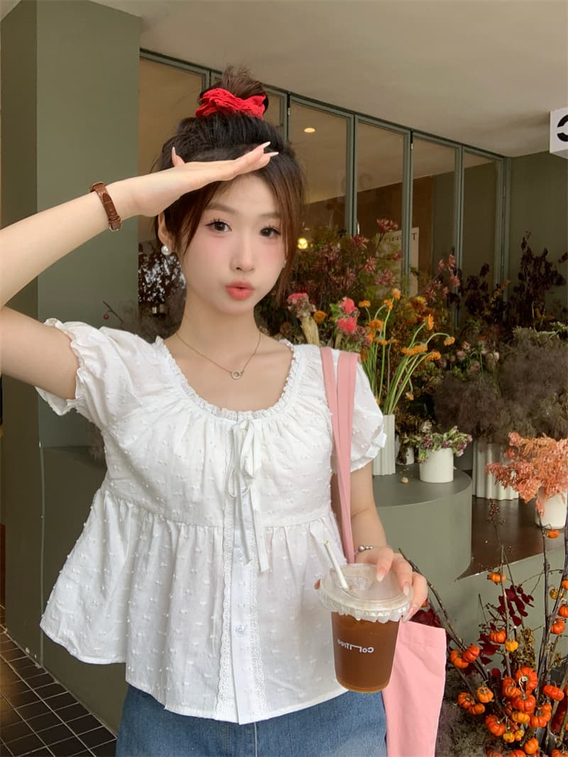 실사 정가 작은 키 레이스 레이스 거품 소매 화이트 여성 셔츠 몸매 가꾸기 반팔 Chic 셔츠