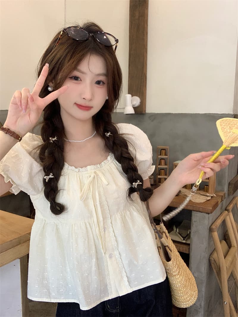 실사 정가 작은 키 레이스 레이스 거품 소매 화이트 여성 셔츠 몸매 가꾸기 반팔 Chic 셔츠 이미지 2
