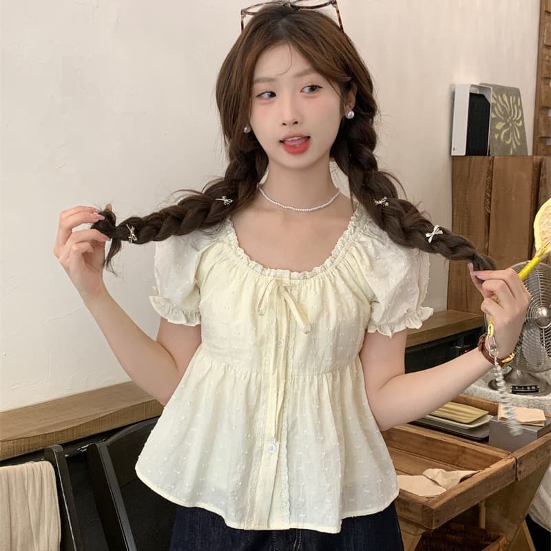 실사 정가 작은 키 레이스 레이스 거품 소매 화이트 여성 셔츠 몸매 가꾸기 반팔 Chic 셔츠 이미지 5