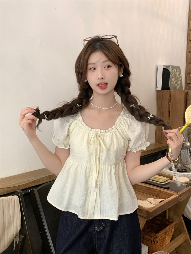 실사 정가 작은 키 레이스 레이스 거품 소매 화이트 여성 셔츠 몸매 가꾸기 반팔 Chic 셔츠 상세 이미지 2